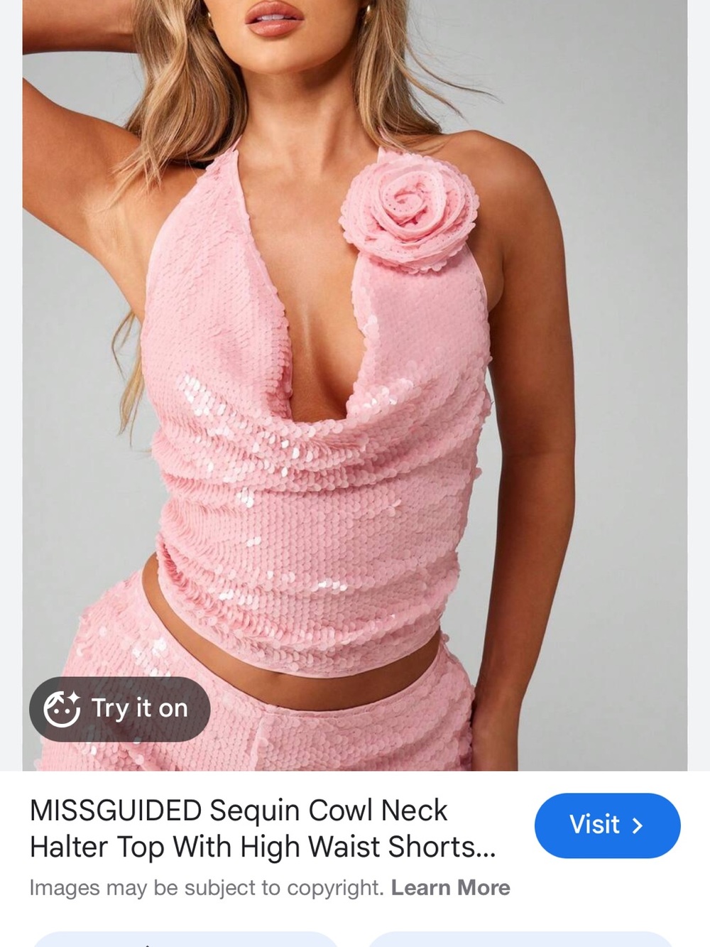 Missguided Pink Sequin Halter Top with Rosette Shoulder